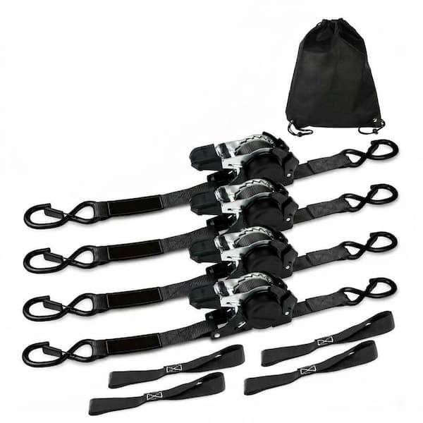 12 ft x 1 in Auto Retractable Ratchet Tie Down Straps with Soft Loops, S-Hooks, Zinc Coated, 4 Pack