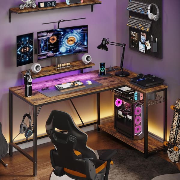 52 in. L-Shaped Rustic Brown LED Gaming Desk with Storage Shelf and Power Outlets