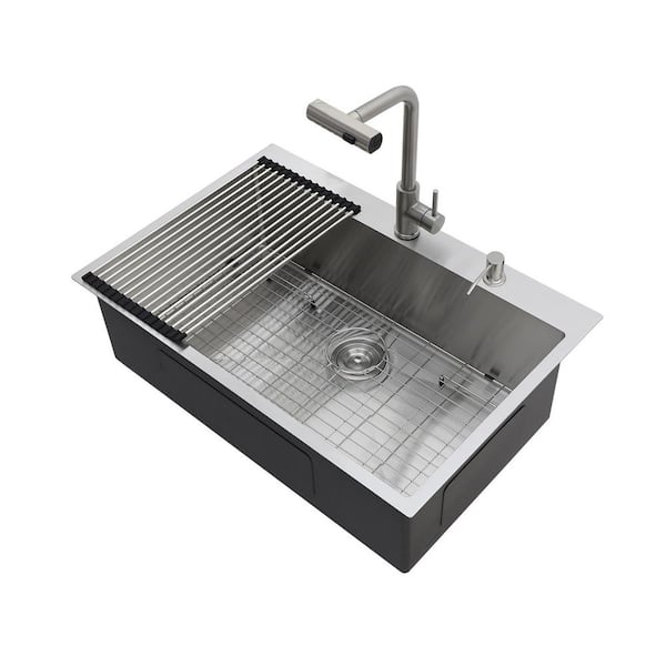 30 in. Drop-in Single Bowl 16 Gauge Stainless Steel Kitchen Sink with Pull-Down Faucet and Soap Dispenser
