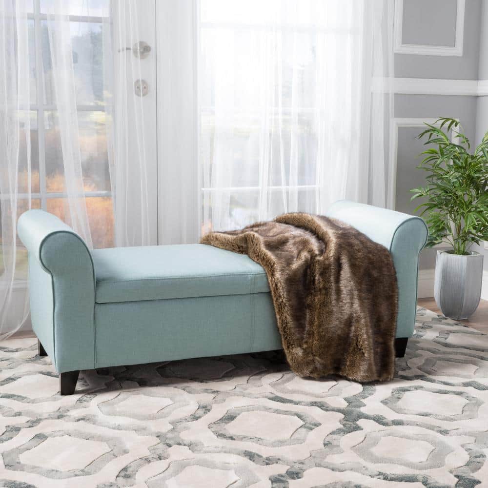 Light Blue 50 in. Polyester Upholstered Storage Bedroom Bench with Wood Legs, Rolled Arms