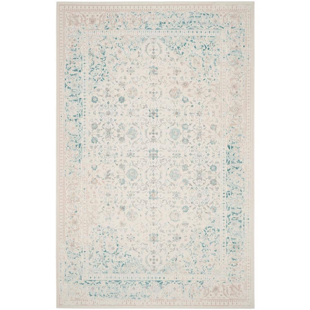 Ivory and Turquoise 9' x 12' Vintage Distressed Area Rug