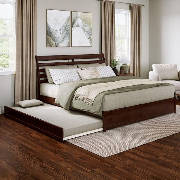 AFI Emelie Walnut Brown Solid Wood Frame King Platform Bed with Panel Footboard and Twin XL Trundle
