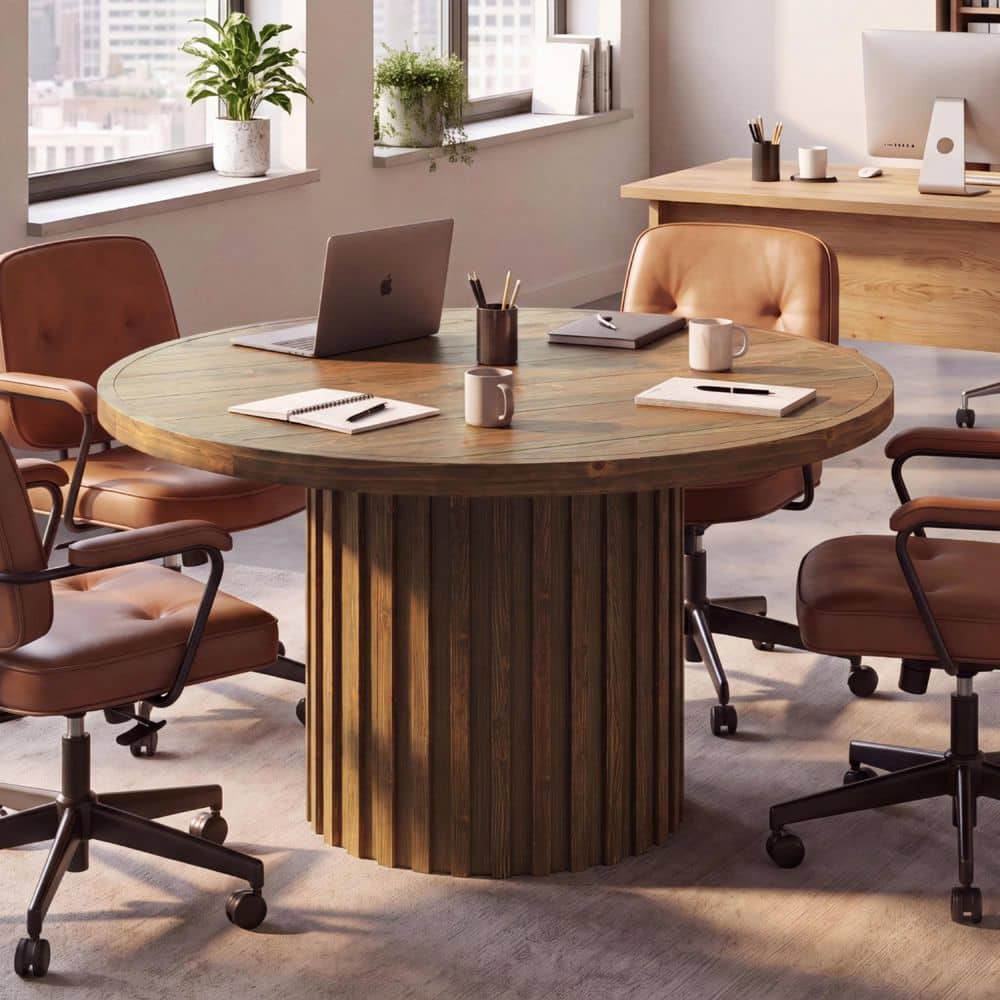 Lanita 47 in. Round Dark Brown Solid Wood Conference Table, Meeting Table with Thicken Tabletop, Office Desk for Offices