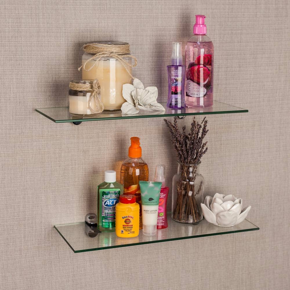 Sleek 20" Black Tempered Glass Wall Shelves, Set of 2