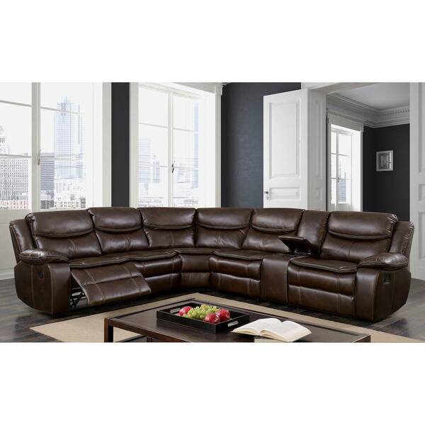 Furniture of America Luronia 123 in. Faux Leather L-Shaped Recliner Sectional Sofa in Brown with Cup Holders and Console