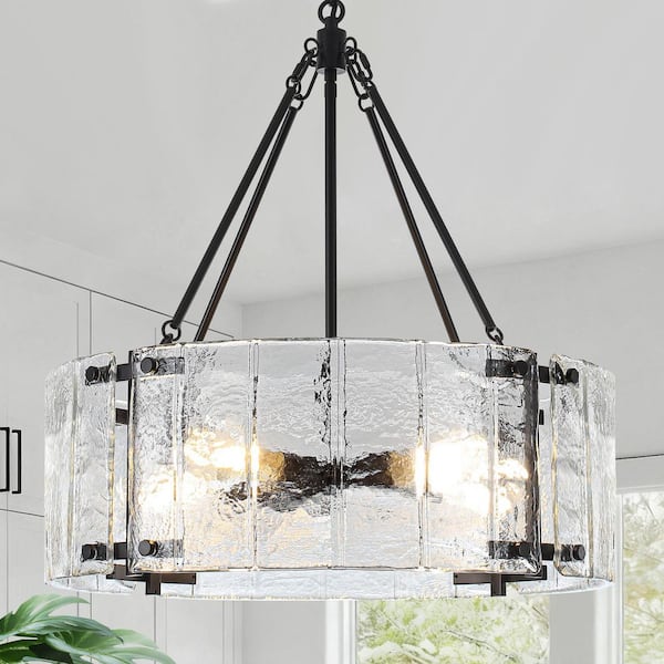 5-Light Black Modern Drum Chandelier With Textured Glass for Dining Room or Living Room