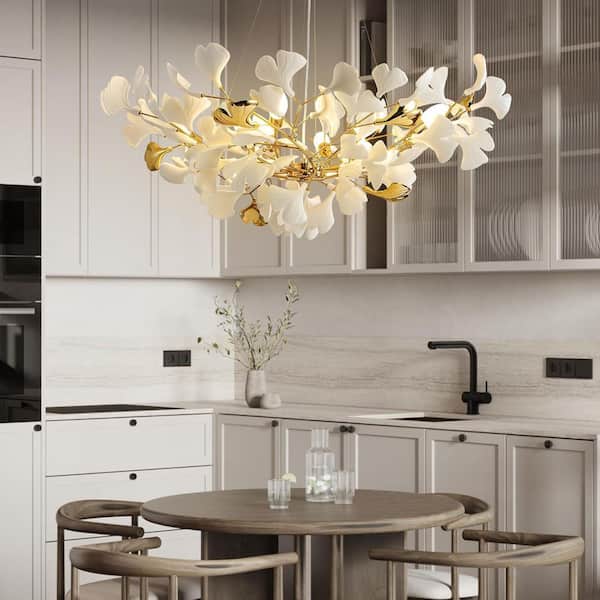 8-Light Gold Chandelier, Luxury Ceramic Ginkgo Branch Chandelier for Living Room, Dining Room, Kitchen Island-L39 in.