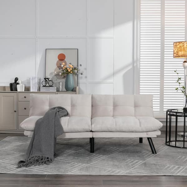 Noble House Yuni 70.87 in. Modern Velvet Tufted Twin Size Sofa Bed Futon, with Adjustable Arms, Wood Legs, Cream