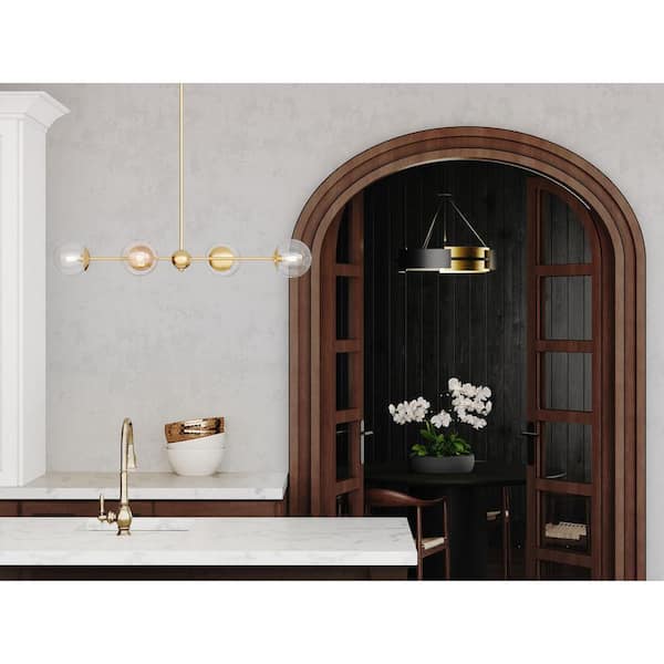 Atwell Collection 40 in. 4-Light Brushed Bronze Mid-Century Modern Island Light Chandelier with Clear Glass Shade