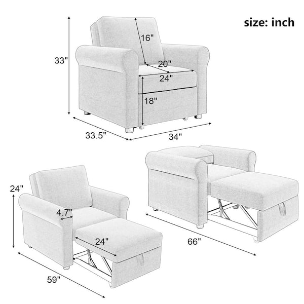 2-in-1 Beige Linen Sofa Bed Chair, Convertible Sleeper Chair Bed