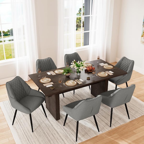 7-Piece Black MDF Counter Top Dining Table Set Seats 6 (1 Table & 6 Fabric Diamond Soft Dining Chairs in Gray)