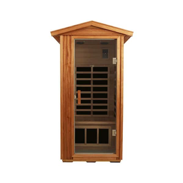 1-Person Indoor/Outdoor Wood Infrared Sauna Okoume Wood Sauna Room with LED Lighting in Natural Wood Finish