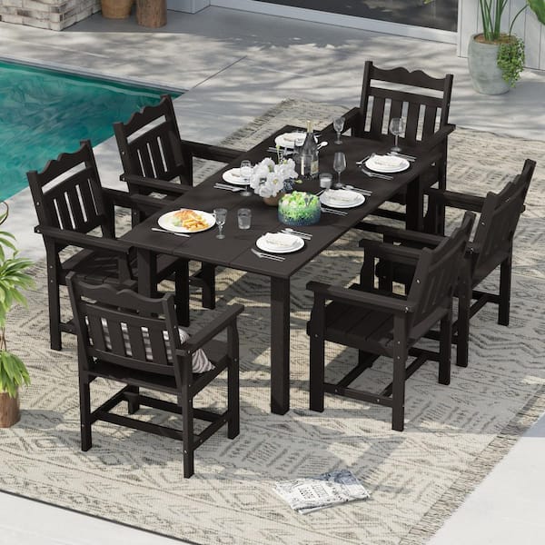 6 seat patio table with umbrella Outsunny 6-Seater Outdoor Dining Set Loveseat, Hole & Cushioned Seating, Dark Gray The table features a 1.57 inch umbrella hole that matches most patio umbrellas JARDINA Outdoor Wood & Rope