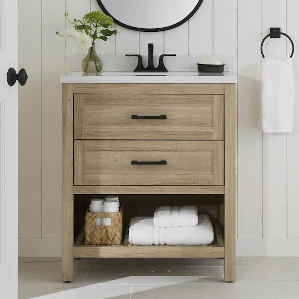Autumn 30 in. Single Sink Weathered Tan Bath Vanity with White Engineered Stone Top (Assembled)