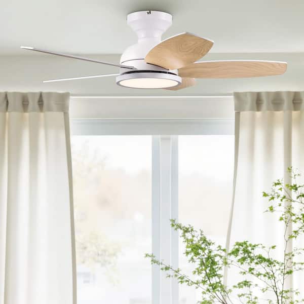 36 in. Integrated LED White Natural Woodgrain Low Profile Flush Mount Modern Standard Ceiling Fan with Light and Remote