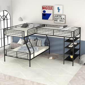 L-shaped Black Twin and Twin over Full Metal Triple Bunk Bed with 4 Built-in Shelves