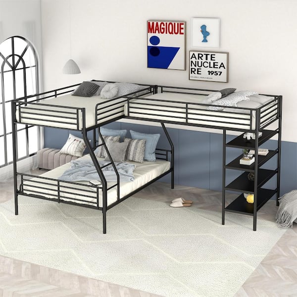 Harper & Bright Designs L-shaped Black Twin and Twin over Full Metal Triple Bunk Bed with 4 Built-in Shelves