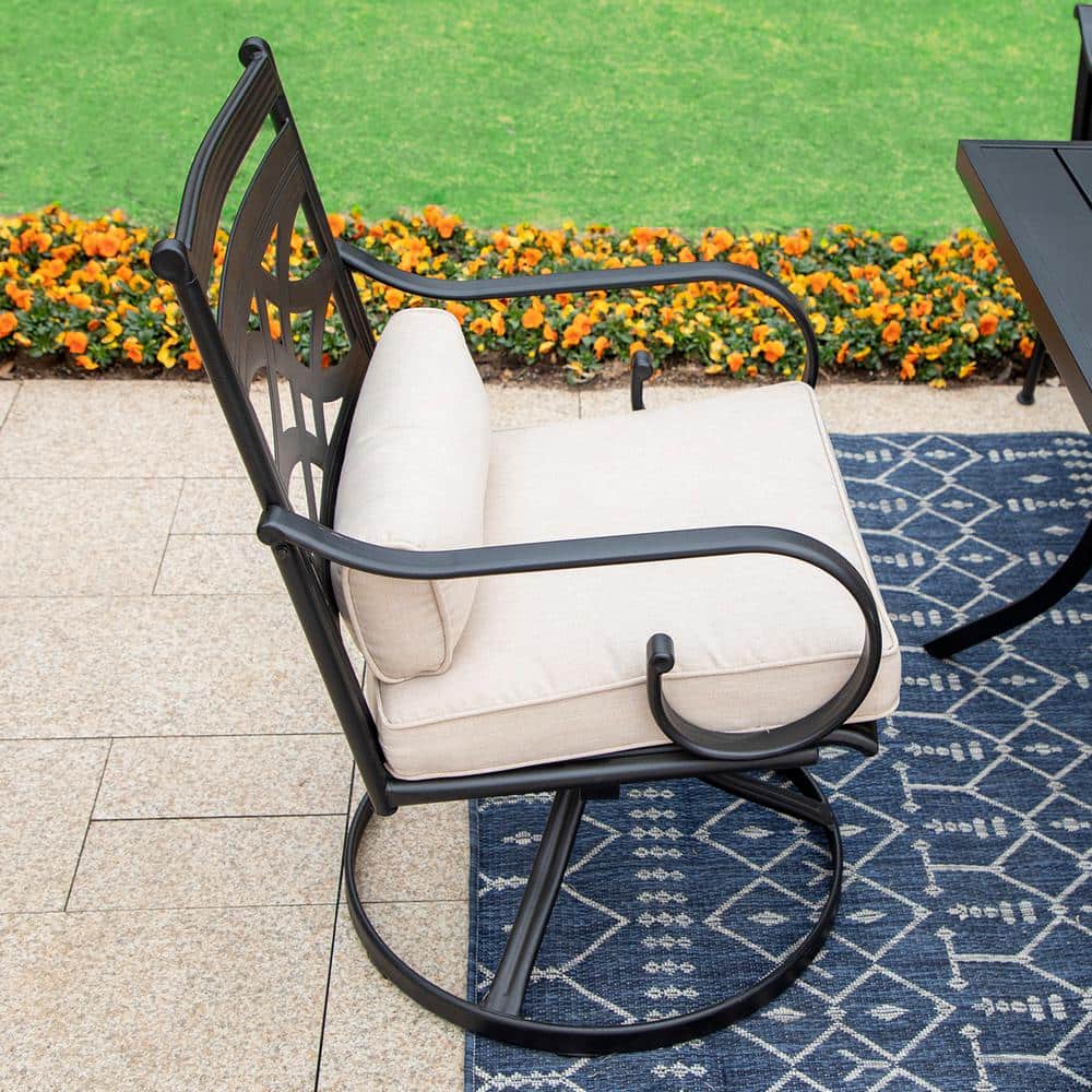 7-Piece Black Steel Patio Dining Set with Beige Cushions