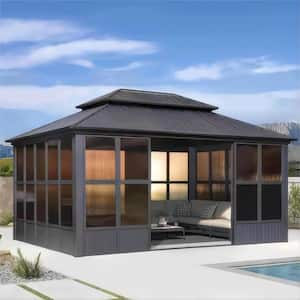 12ft. X16 ft.Sunroom Hardtop Gazebo Solarium Galvanized Steel Double Roof Aluminum Screen House Patio Deck Backyard Gray