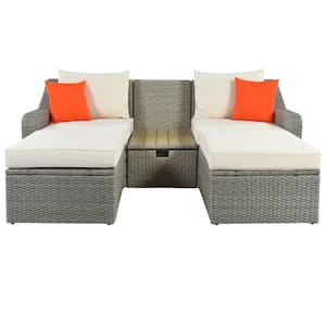 3-Piece Wicker Patio Conversation Set with Cushions, Pillows, Ottomans and Lift Top Coffee Table