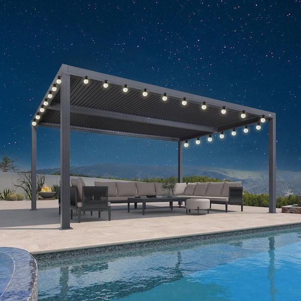 12 ft. x 16 ft. Gray Aluminum Frame Outdoor Louvered Pergola with Adjustable Sunshade Roof and Solar String Lights