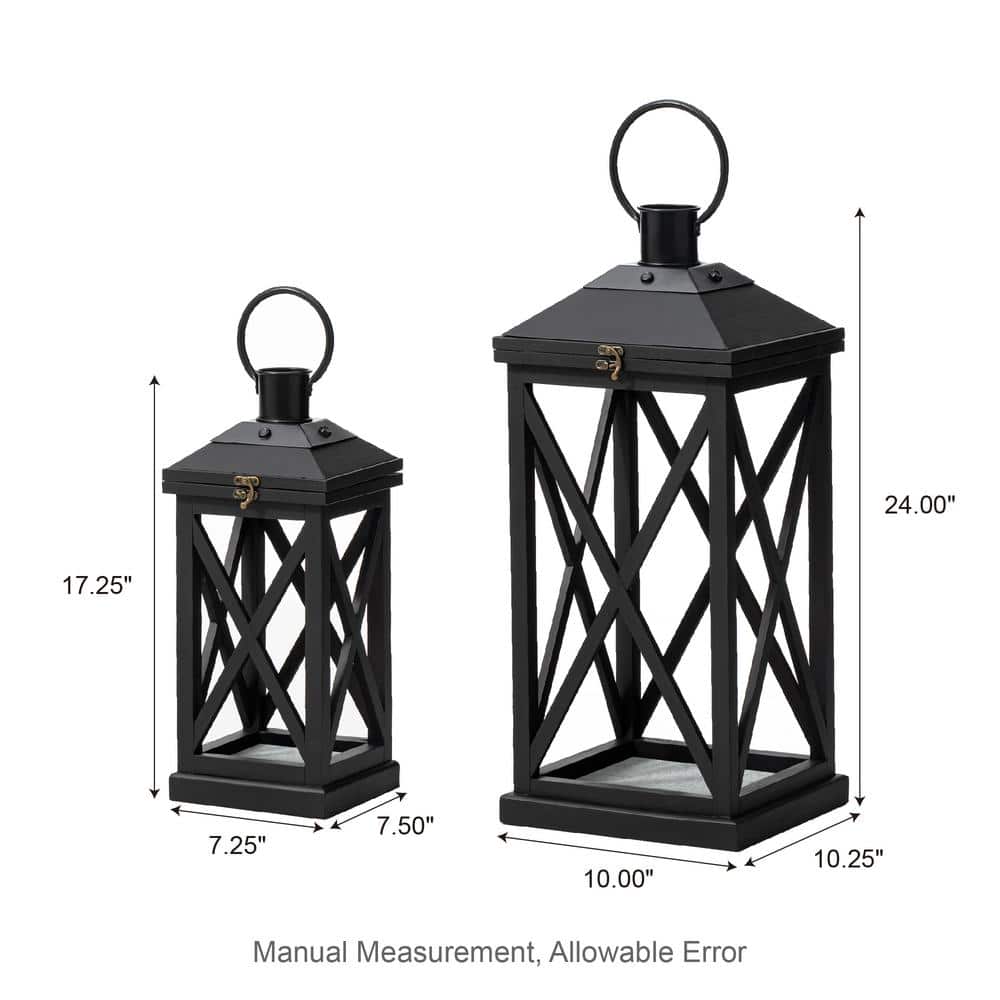 Distressed Black Wood and Metal Floor Candle Lanterns Set