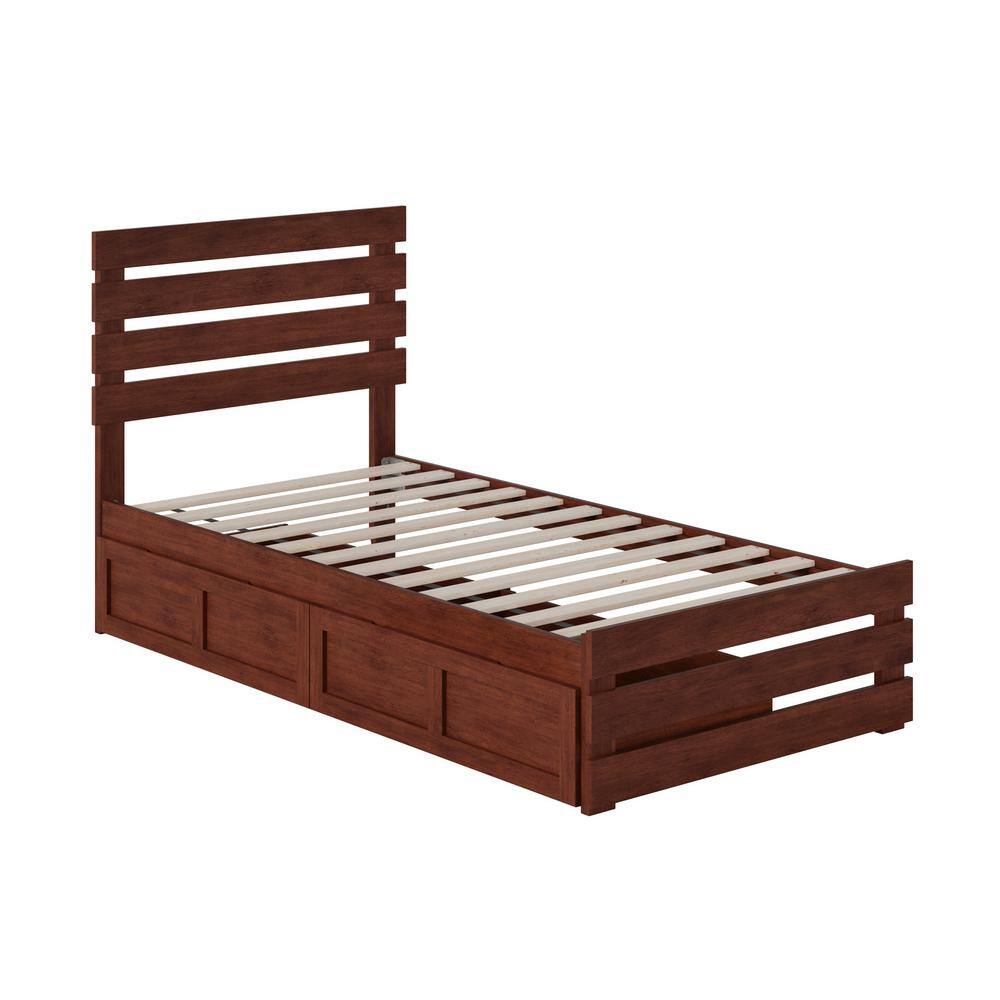 Walnut Twin Wood Platform Bed with Storage Drawers and USB Charger