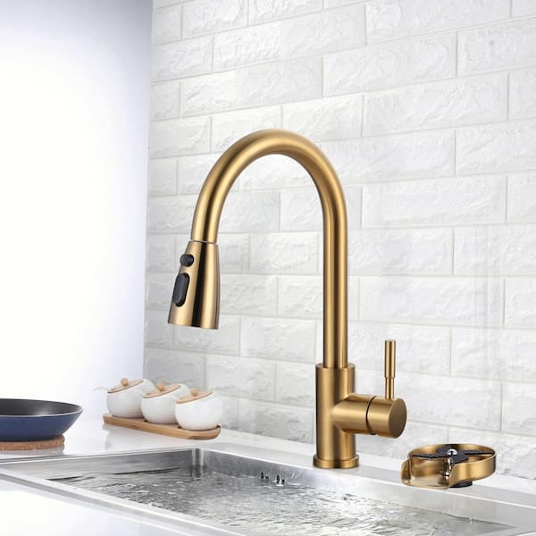 15.6 in. H Single Handle Pull-Down Sprayer Kitchen Faucet with 360° Spout Swivel 3-Mode Spray and Glass Rinser in Gold