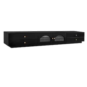86.6 in. Black TV Cabinet TV Stand Fits TVs up to 90 in. with Fluted Glass Doors, 4-Drawers and Tempered Glass Shelf