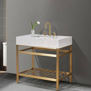 Merano 36 in. W x 22 in. D x 35 in. H Bath Vanity in Brushed Gold with White Composite Stone Top