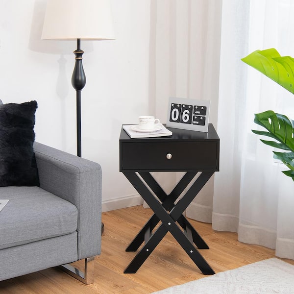 Costway 1-Drawer Black Nightstand with x Shaped Structure Accent 