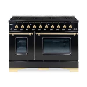 CLASSICO 48" TTL 6.7 CuFt 8 Burner Freestanding Dual Fuel Range Gas Stove, Electric Oven, Glossy Black with Brass Trim