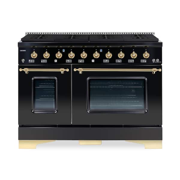 Hallman CLASSICO 48" TTL 6.7 CuFt 8 Burner Freestanding Dual Fuel Range Gas Stove, Electric Oven, Glossy Black with Brass Trim