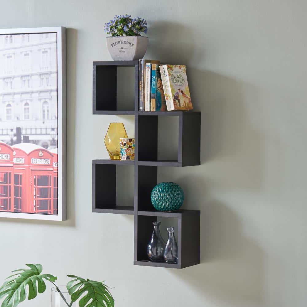 Black MDF Contemporary Floating Wall Shelf with Cubby Holes
