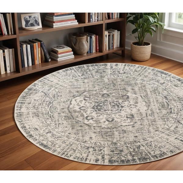 8 ft. Round Gray Medallion Washable Area Rug Runner Rug