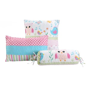 Spring Time Fun Owl Polka Dot 3-Piece Multi-Color Pink Blue Stripe Polyester Decor Throw Pillows Set (Set of 3)