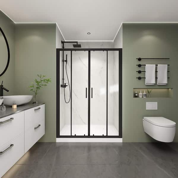 ES-DIY 50 in. 54 in. W x 70 in. H Sliding Framed Alcove Shower Door Bath Panel in Matte Black Finish with Clear Glass