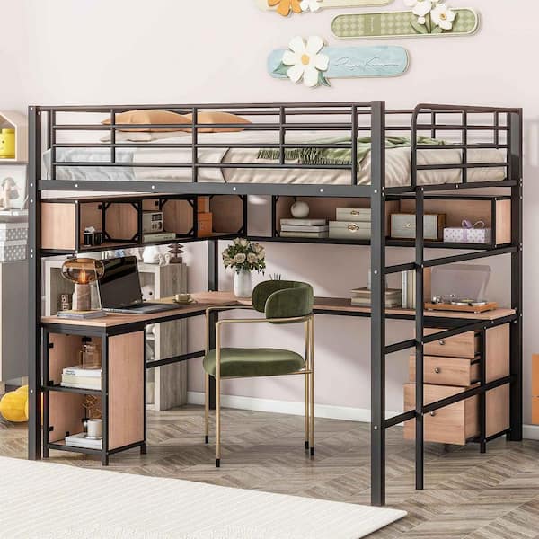 Polibi Metal Loft Bed with Bookcase, Desk and Cabinet, Full, Black