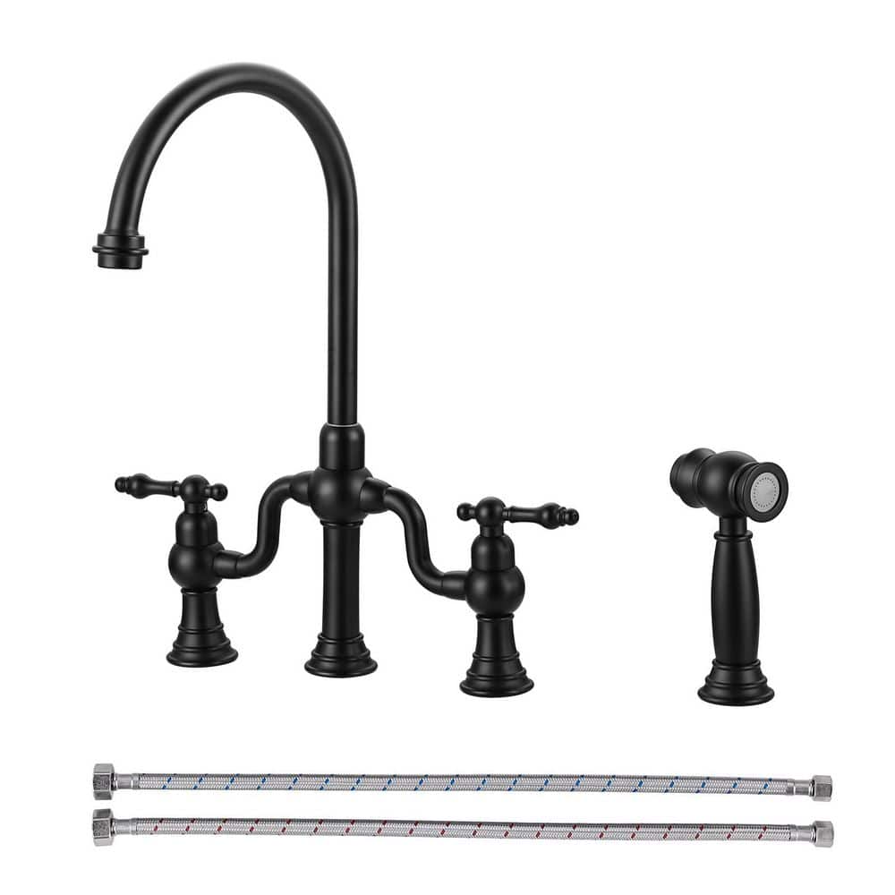 Solid Brass Double Handle High-Arc Deck Mounted Bridge Kitchen Faucet with Side Sprayer in Matte Black price history on PriceWatchPro