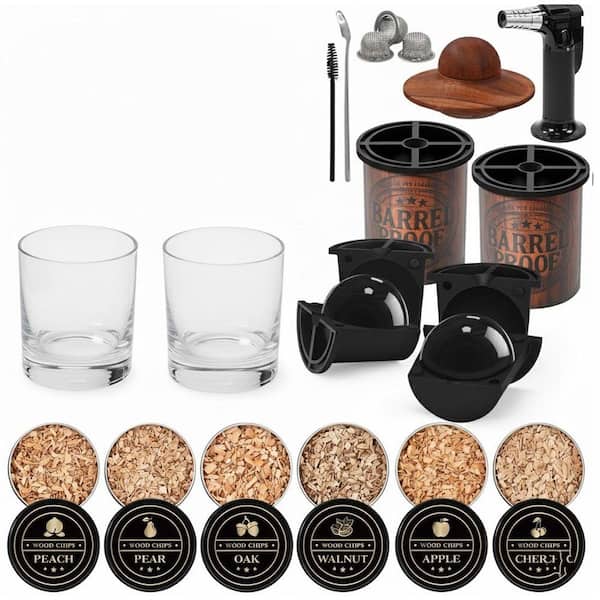 Clear Glass Whiskey Smoker Kit with 6 Flavors Wood Chips and 4 Reusable Ice Cubes, Oak Wood Chips, Cocktail Smoker
