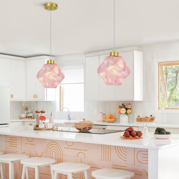 Home Light 60-Watt 1 Light Gold Modern Pendant Light With Pink Twisted Glass Shade, No Bulbs Included, 1-Pack