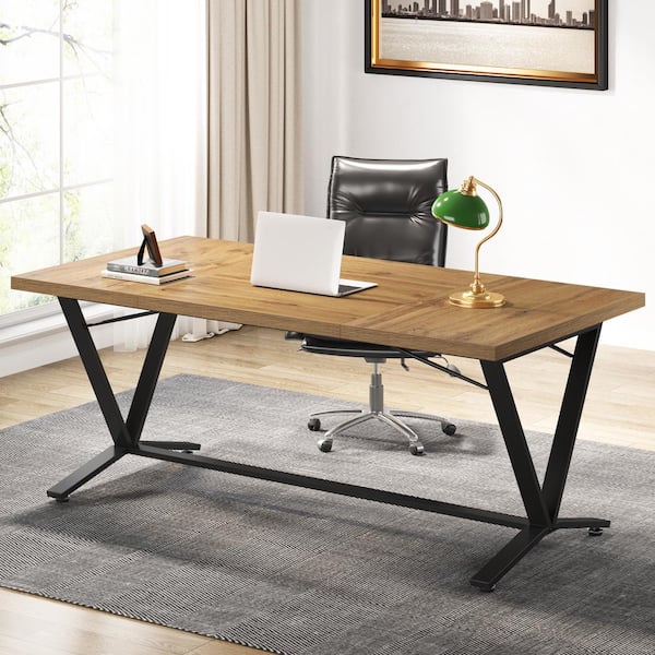 BYBLIGHT 55 in. Rectangular Brown Engineered Wood Executive Desk, Simple Office Computer Desk for Home Office