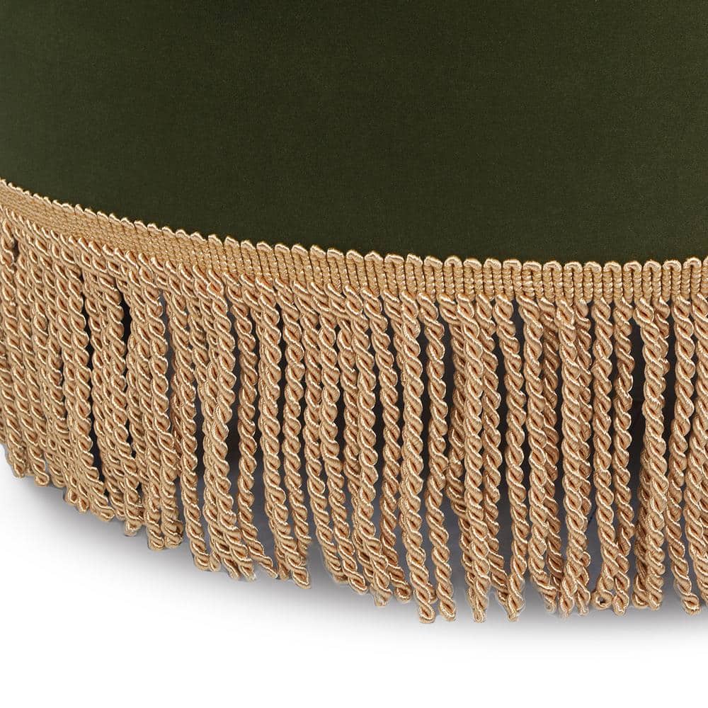 Olive Green Velvet Tufted Round Ottoman with Fringe