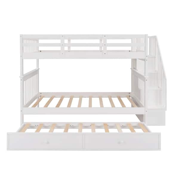 Unbranded White Full-Over-Full Bunk Bed with Twin Size Trundle, Storage and Guard Rail