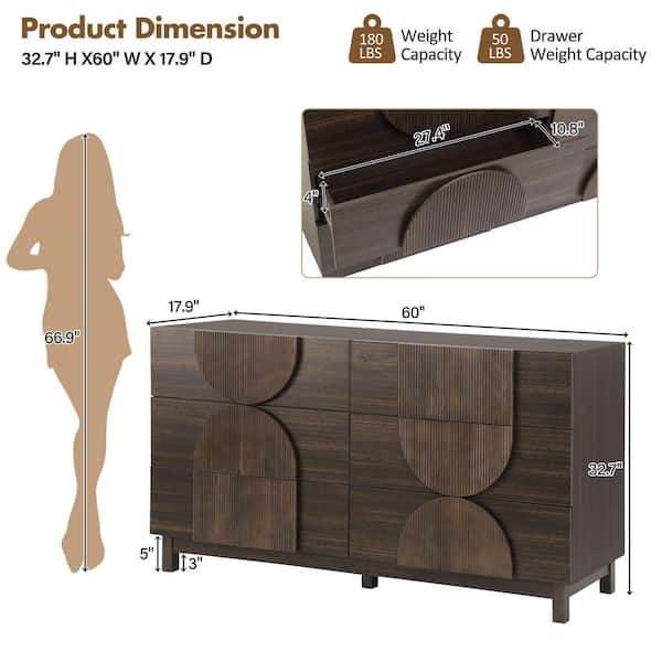 Noble House Doreva Modern 32.7 in. H Dark Brown Fluted Accent Storage  Cabinet, Bedroom 6 Drawers Dresser, Wooden Chest of Drawers 191995 - The  Home Depot
