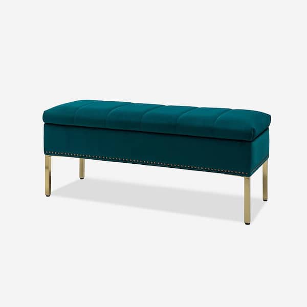 JAYDEN CREATION Eduard Teal 46.5 in. W Upholstered Flip Top Storage Bench with Nailhead Trim and Metal Legs