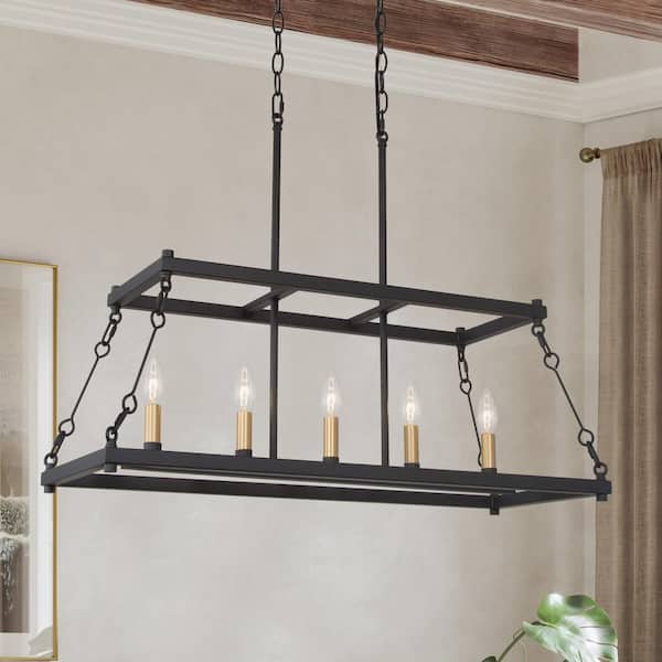 30 in. 5-Light Black Farmhouse Linear Chandelier Light Fixture with Caged Metal Shade for Dining Room, Kitchen Island
