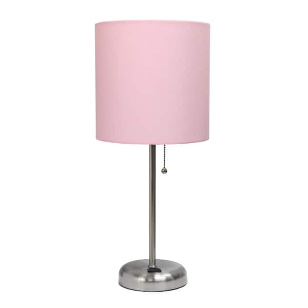 null 19.5 in. Light Pink Stick Lamp with Charging Outlet and Fabric Shade