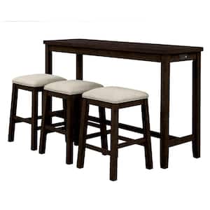 4-Piece Brown Wood Counter Height Dining Table Set with USB port, Beige Upholstered Stools