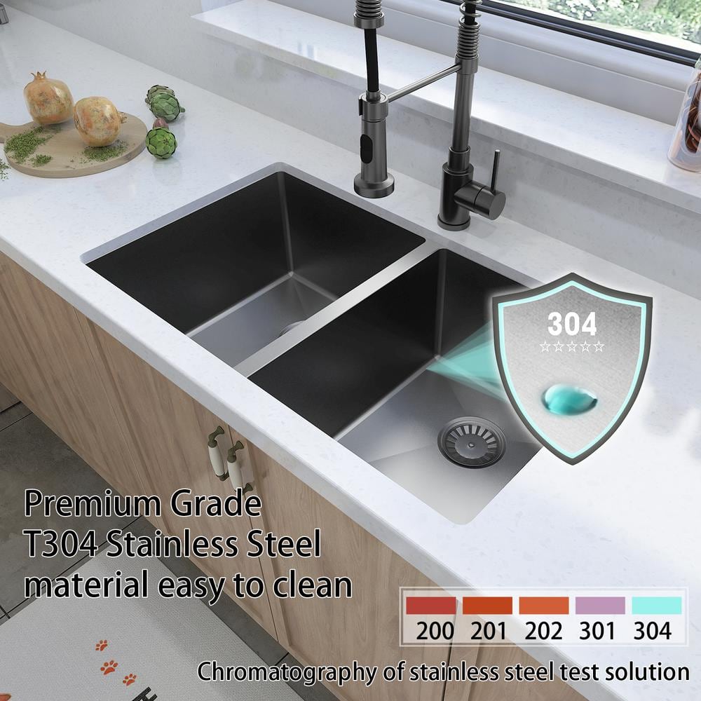 Sinber 32" Black Stainless Steel Double Bowl Undermount Kitchen Sink